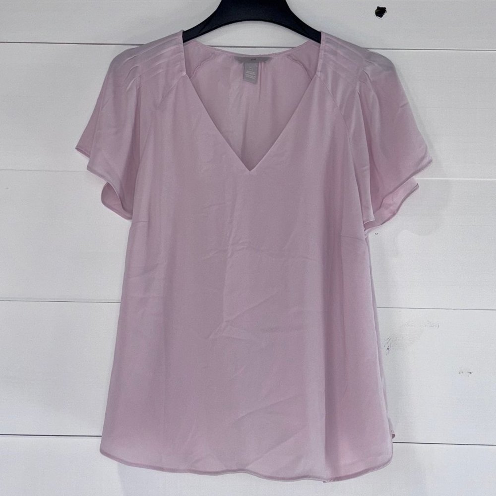 NWOT H&M Pleated Ruffle Sleeve V-Neck Blouse Blush Partial Lined L